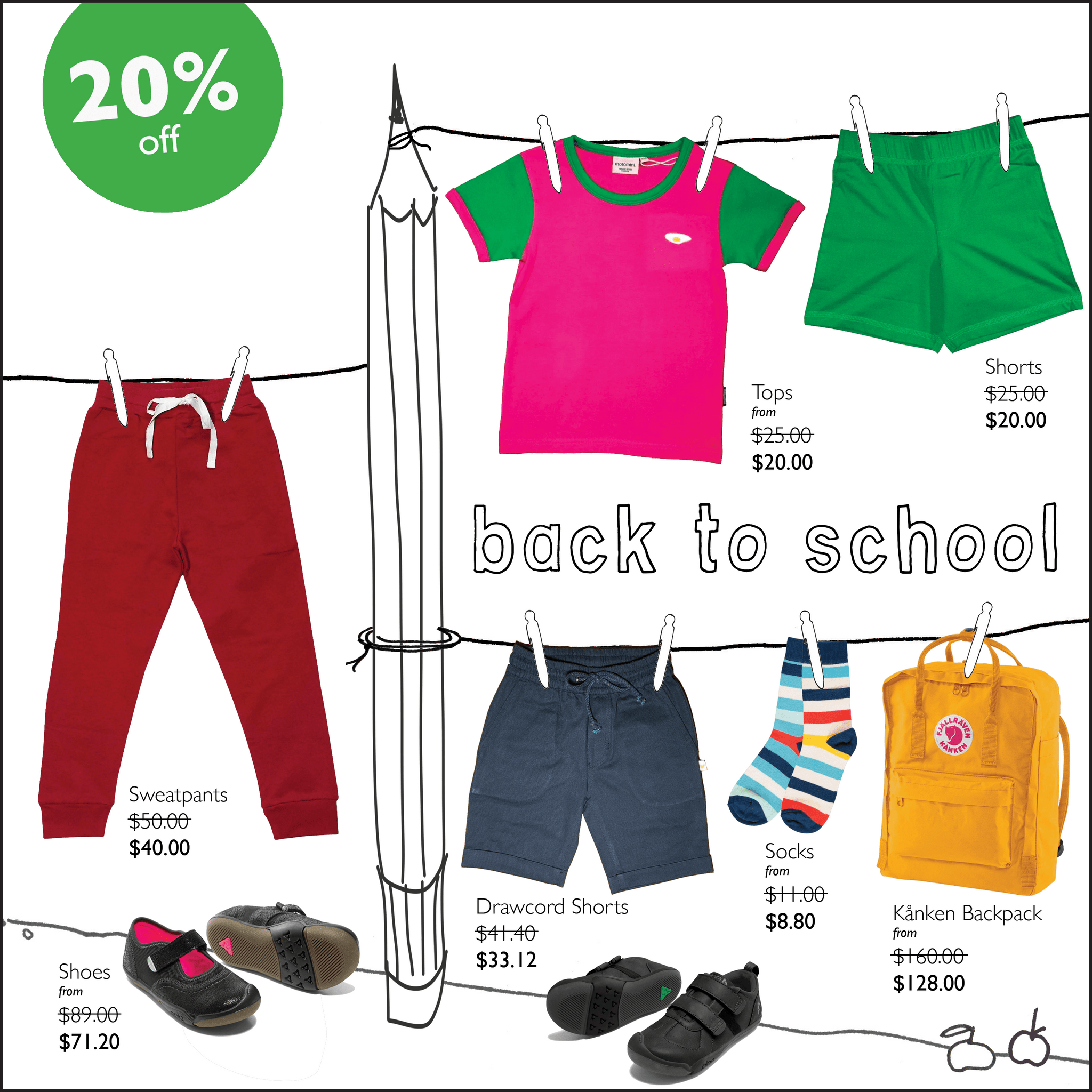 Our back to school sale offers 20% off a selected range of quality shoes, backpacks and clothing - all the things you need to kick off a new year at school