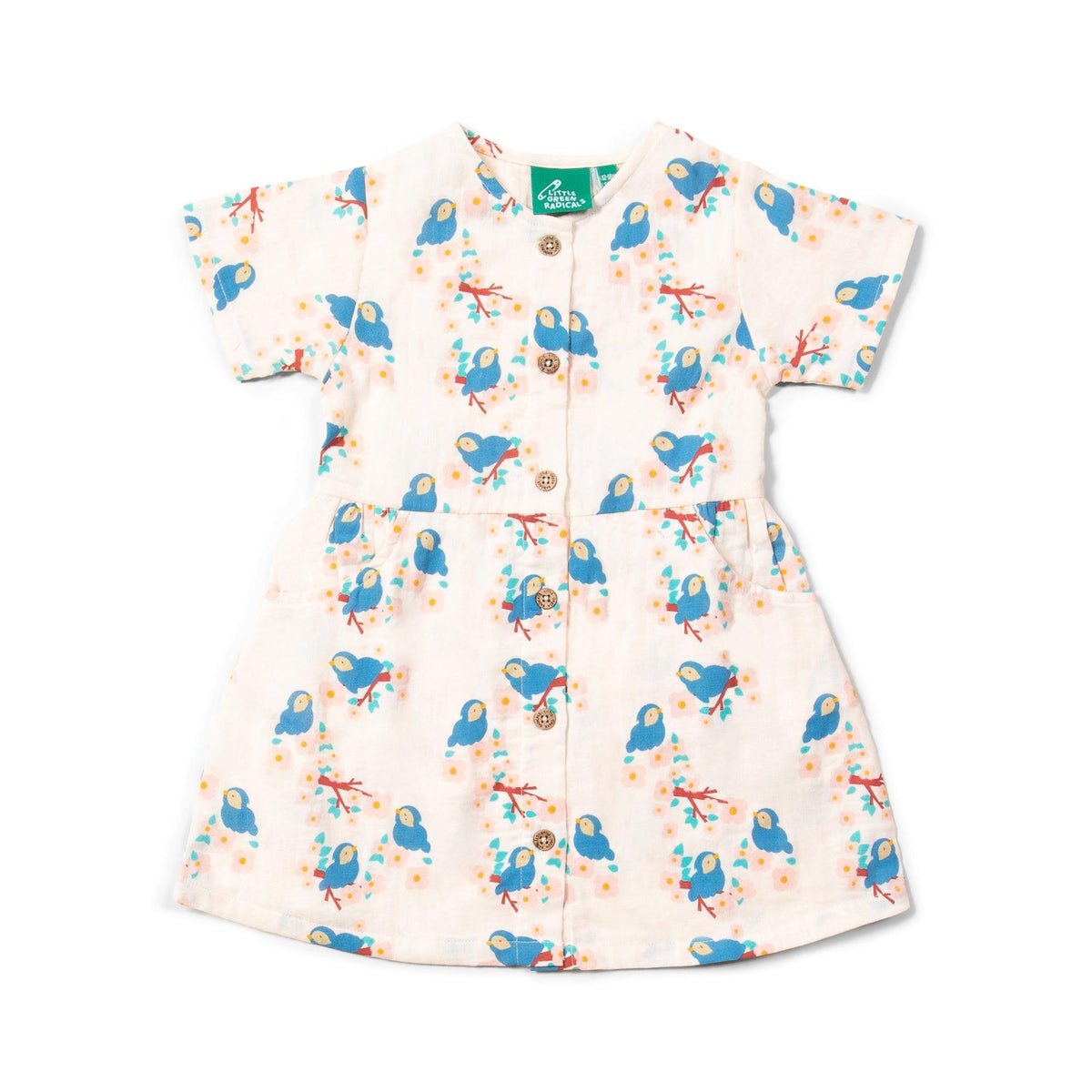 Little Green Radicals - Bluebirds Button Through Short Sleeve Dress