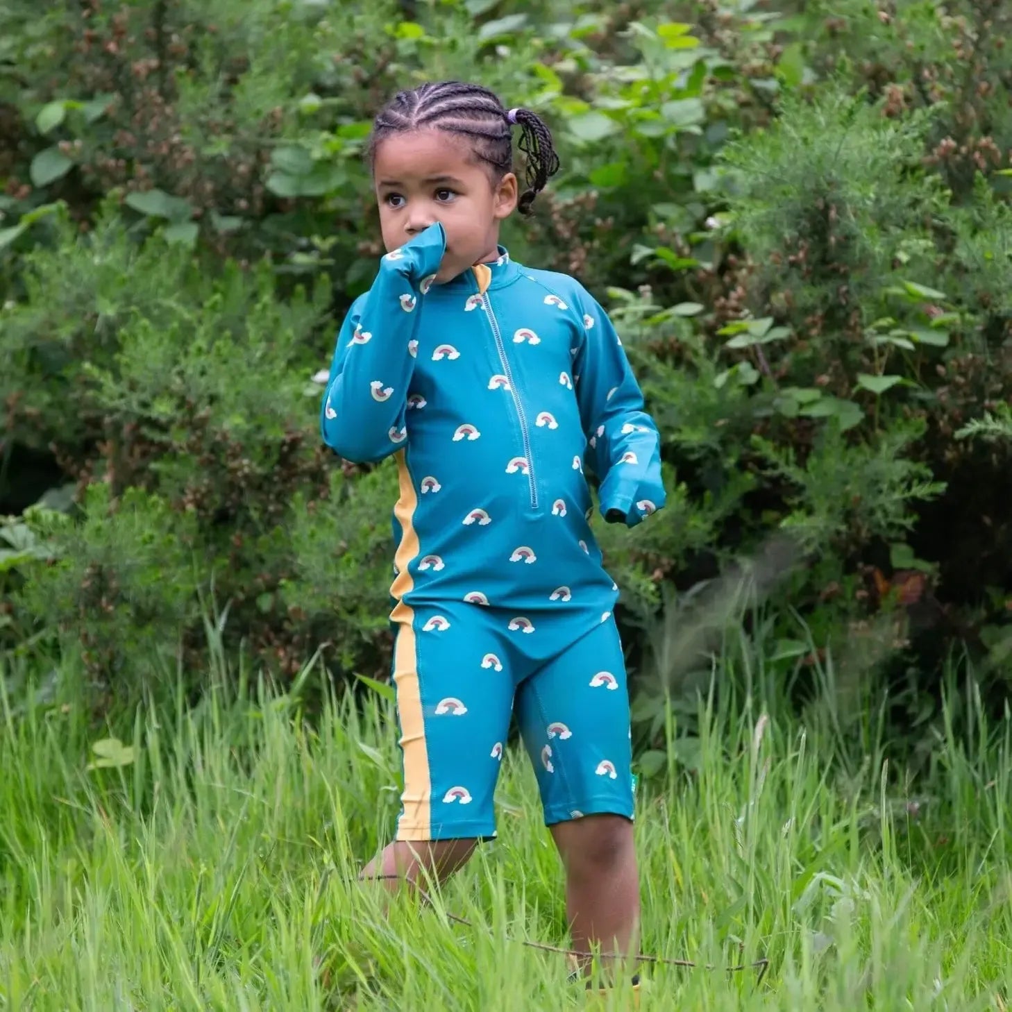 Little Green Radicals - Teal Rainbows Upf 50 Recycled Sunsafe Sunsuit