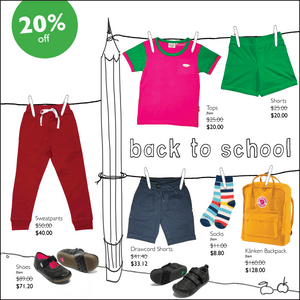 Our back to school sale offers 20% off a selected range of quality shoes, backpacks and clothing - all the things you need to kick off a new year at school