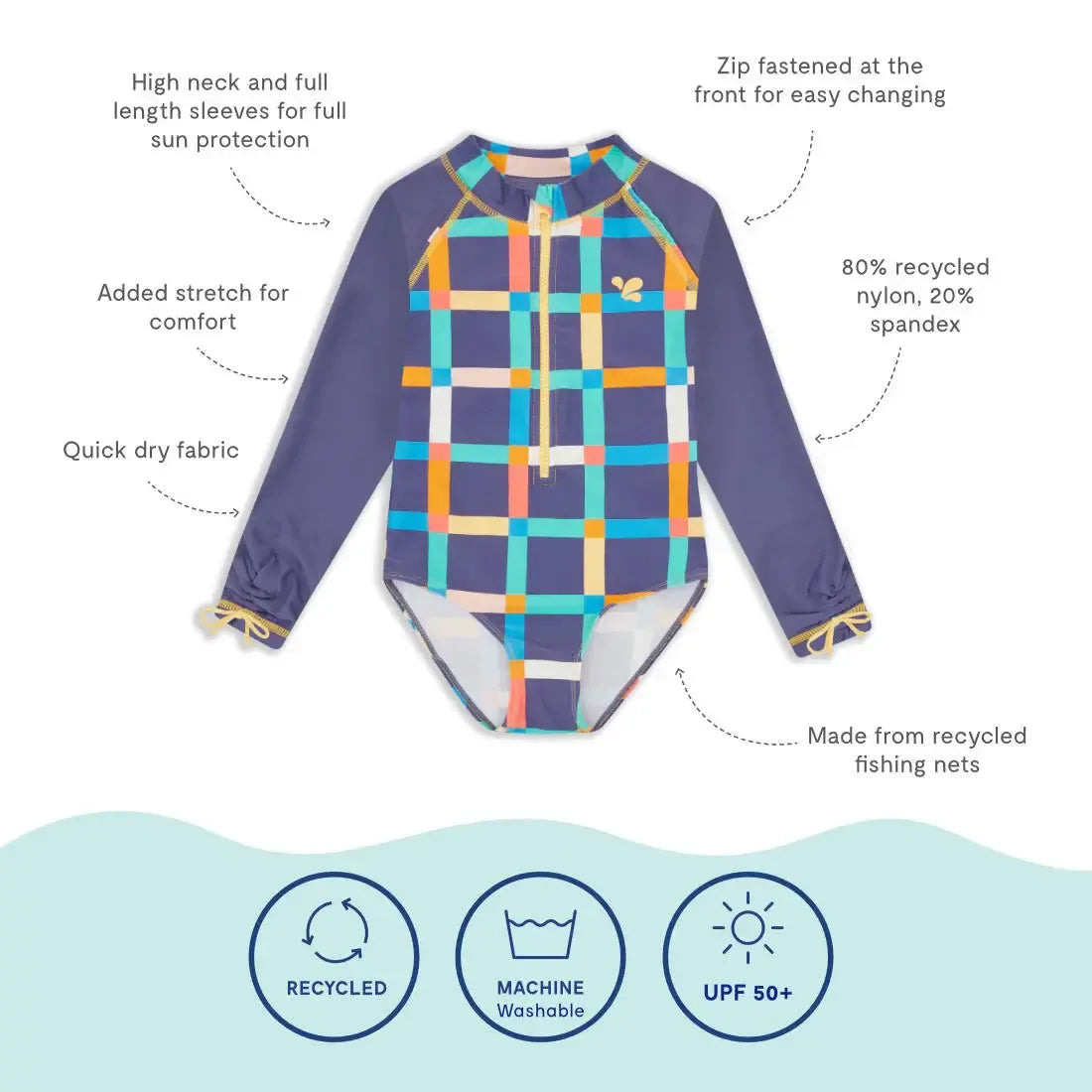 Muddy Puddles - UV Protective Long Sleeve Swimsuit Multi Check